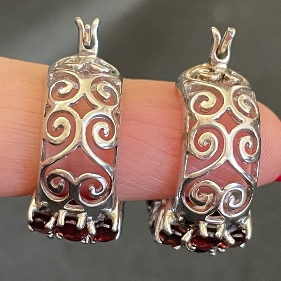 Cluster Red Garnet Hoop Earrings - Picture 3 of 5